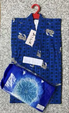 浴衣セット 110cm 虎柄 ブルー 兵児帯付き 綿100% 子供用￼