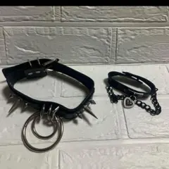 スパイク付きブラックレザーチョーカーとブレスレットセット