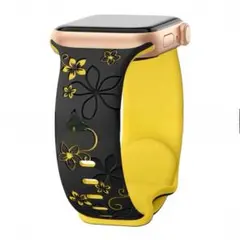 アップルウォッチ バンド 花柄 彫刻 ブラック/イエロー 38/40/41mm