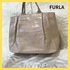 【FURLA】フルラクロコ型押しトートバッグ・ハンドバッグ鞄・ベージュ保存袋付き