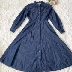 デニムシャツワンピース 長袖 ロングワンピース フリーサイズ インディゴ 無地