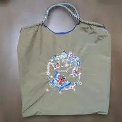 D.KELLY 蝶 刺繍 エコバッグ ベージュ ナイロン