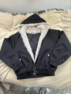 【FreeZone】 フード付き ブラックファージャケットブルゾン