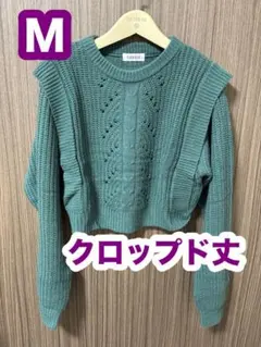 透かし模様 M クロップドニット 目立つ汚れなし　ショート丈　グリーン 　深緑