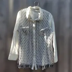 刺繍入り長袖シャツ ホワイト・ブラック