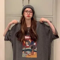 トムとジェリー アメカジ プリント 半袖 Tシャツ レディース ダークグレー