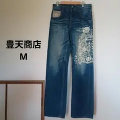 豊天商店 和柄デニム ジーンズ 豚キャラ 和柄プリント　Mのサムネイル