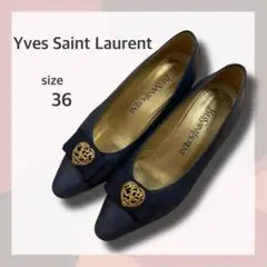 訳あり特価 サンローラン パンプス ネイビー 36 23cm リボン フォーマル