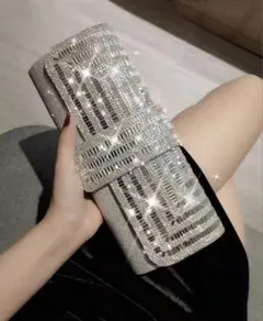 シルバー ビジュー装飾 パーティークラッチバッグ