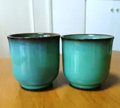 ♯長崎県無形文化財・現川焼「臥牛窯」ぐい呑・小湯呑（緑釉）×2個 未使用 ♯長崎県無形文化財・現川焼「臥牛窯」ぐい呑・小湯呑（緑釉）×2個 未