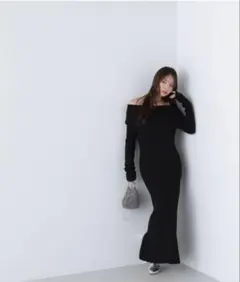 ナチュラルビューティーベーシック オフショルダーニットワンピース 黒 PS