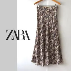 美品　ZARA／ザラ★　花柄プリント　キュプラ　ロングフレアスカート　M