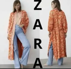 希少ZARA 着物ガウン　羽織り　ボタニカル柄　オレンジ　紐なし