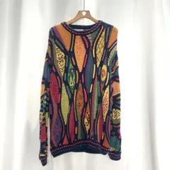 90s ビンテージ 3D コットンニットセーター 総柄 マルチカラー