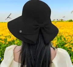 リボン付き　ブラック　麦わら帽子　ストローハット　麦わら帽子　UV 折り畳み