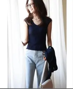 サマーニット リブニット フレンチスリーブ Vネック セゾンドパピヨン