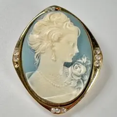 【ヴィンテージ】カメオ ブローチ ラインストーン 貴婦人とバラ ブルー×ゴールド