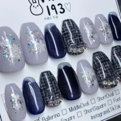 #407現品発送 ネイルチップ 14本セット 雪の結晶 ツイード 雪