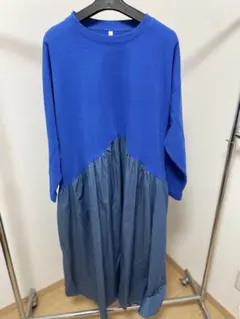 ドッキングワンピース 長袖 バイカラー ブルー デニム調 カジュアル