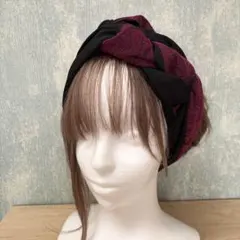 和風編み込みターバン　着物リメイク　クロスターバン　ブラック&ワインレッド