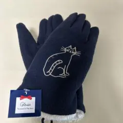 ネイビー猫刺繍フリース手袋