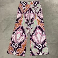 【ザラ】フラワーパターン ワイドパンツ S パープル・ピンク系総柄ゴム・紐なし★