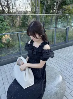 GRL ドット柄フリルオフショルダーフレアロングワンピース ブラック S