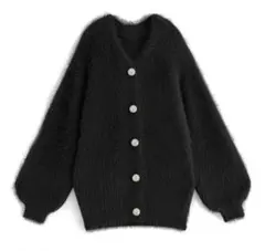 GRLビジューボタンフェザーニットカーディガン　ブラック　フリーサイズ