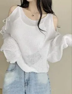 オフショルダー バルーン袖 ニット ホワイト