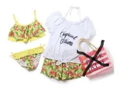 未使用ピンクラテビキニ水着&ショーパン・Tシャツ4点セット　トロピカル花柄