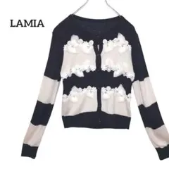 LAMIA◇花モチーフ　カーディガン　立体装飾　リボン　ボーダー　フェミニン　Mのサムネイル