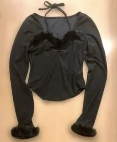 Dazyファー付きオフショルダー長袖トップス ブラック