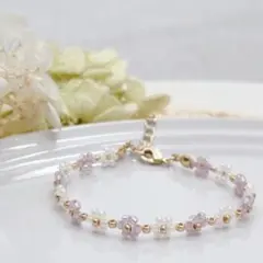 韓国ビーズ♡フラワーブレスレット＼White×Purple／