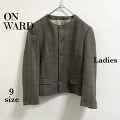 【オンワード】　ウール100　ノーカラー　ジャケット　【9】（M相当）チェック