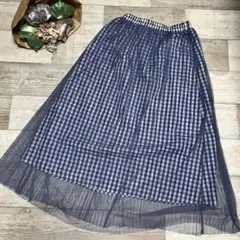 【美品】GRLネイビー ギンガムチェック フレアスカート レース