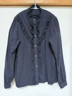 フリル　黒長袖シャツ　レーススタンドカラーブラウス