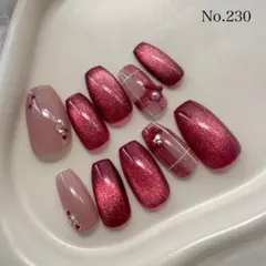 ネイルチップ　ニュアンス　ボルドー　マグネット　チェック　バレンタインネイル