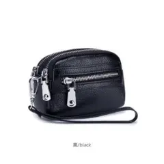 ミニ財布 本革小銭入れ 化粧バッグ 多機能大容量 黒 a039ae