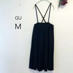 2586【GU】プリーツサスペンダー付きスカート(M)ブラック　肩紐調整可能