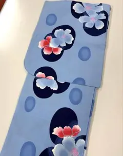 KANSAI仕立て上がり綿浴衣 単品 水色地 花柄 紺丸模様のサムネイル