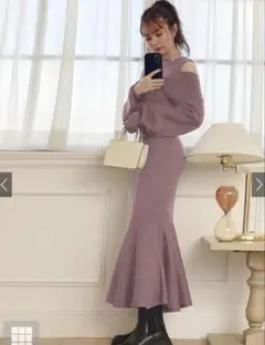 ピンク前後2WayカーディガンXマーメイドワンピースニットセット[rut667]