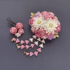 くすみピンクと白いお花のコームセット 卒業式 成人式 結婚式 つまみ細工 髪飾り