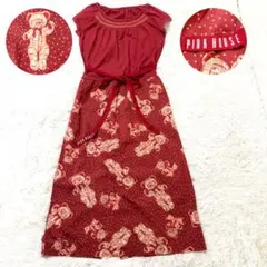 ピンクハウス ハート テディベア柄 ミモレ丈ワンピース Aライン リボン付き 赤