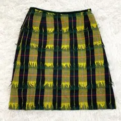 COMME CA コムサ ひざ丈タイトスカート チェック柄 フリンジ L 11号