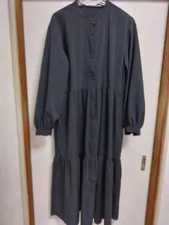 【美品】ＧＵ ブラック 長袖ノーカラー ティアード シャツワンピース サイズXL
