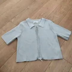 ダブルジップ リブ 半袖 スキッパーシャツ風 カットソー M ライトグレー