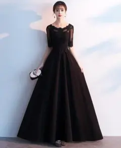 匿名配送 上品で優雅なフォーマル ロングドレス シャンパンブラック Mサイズ