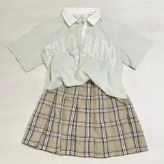H&M ポロシャツ風トップスTシャツ　GU チェック柄プリーツスカート