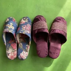 66)花柄スリッパ 青とピンク