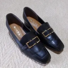 DIANA　黒色レザー　金色バックル　スクエアトゥ　パンプス　24.5cm